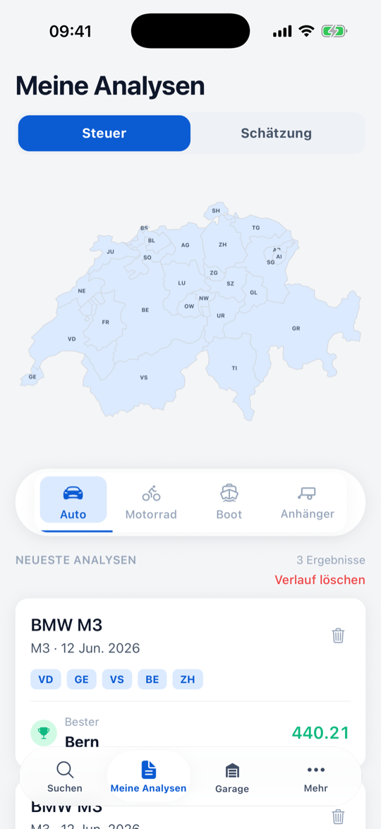 Steuervergleich zwischen Kantonen mit Schweizer Karte